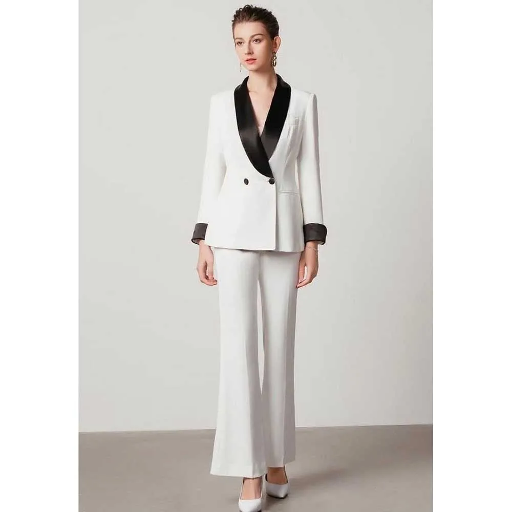 Fashion Chic White Suits for Women Black Shawl Lapel Double Breasted 2 Piece Jacket Pants Office Lady Slim Fit Blazers Sets