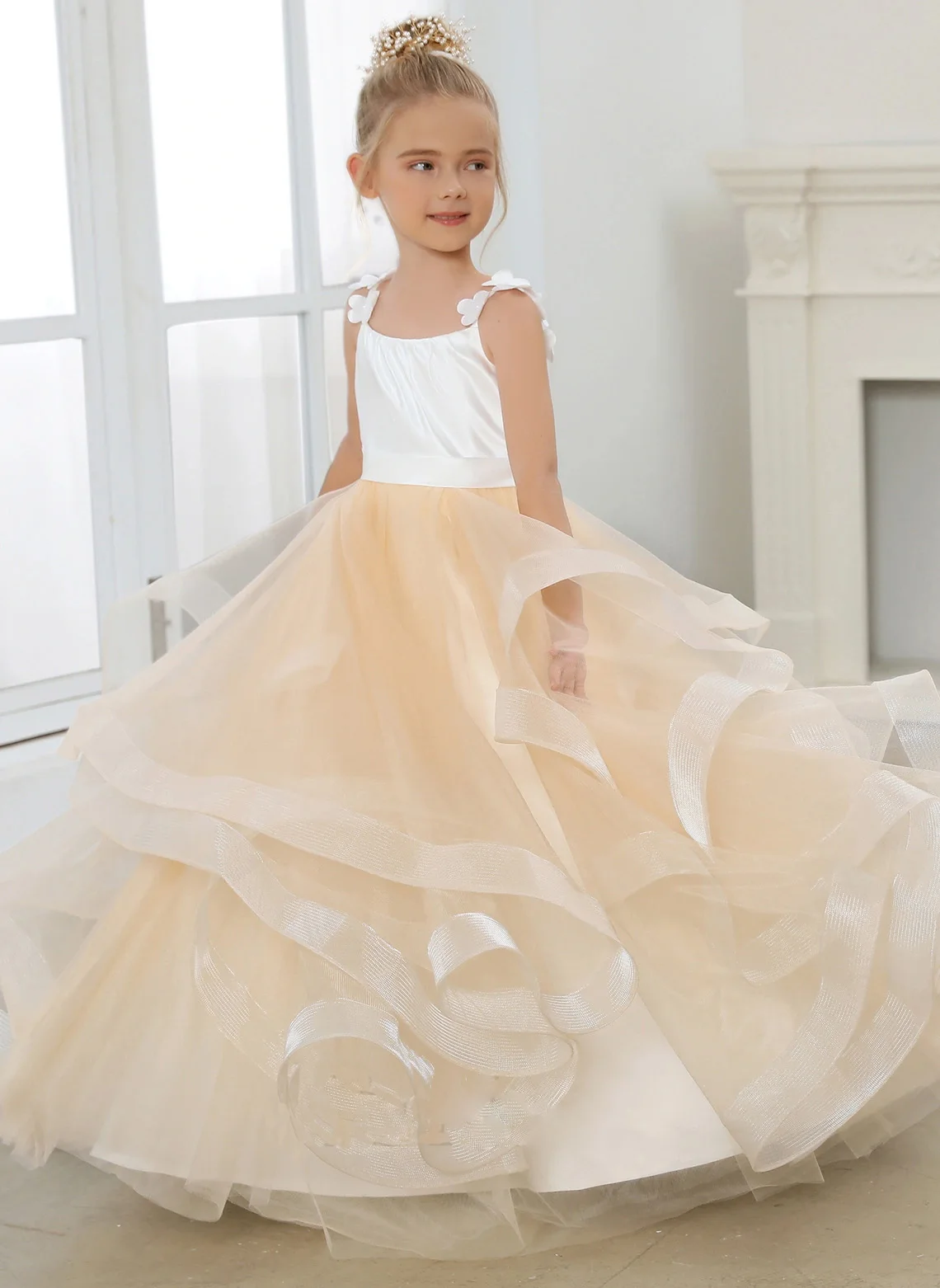 

Princess Square Floor Length Tulle Flower Girl Dress Pageant Formal Party Ball Gown Dress Junior Bridesmaid Dress