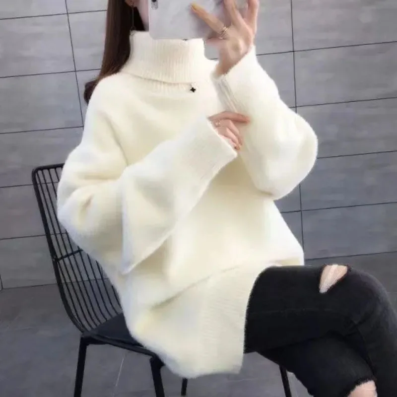 

Imitation Mink Velvet Turtleneck Sweater Women Outer Wear Long Loose Warm Sweater Skirt Autumn Winter Knitted Base Shirt Skirts