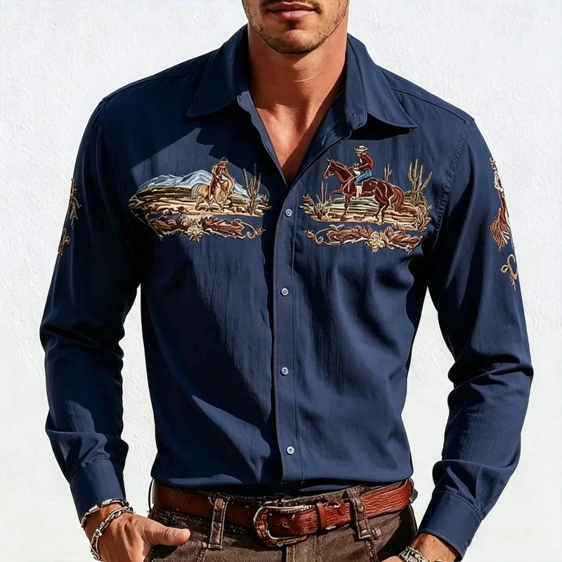 Men's Retro Western-Style Long Sleeve Shirt, Desert Cowboy Cactus Print Turned-Down Collar Button-Up Casual Shirts