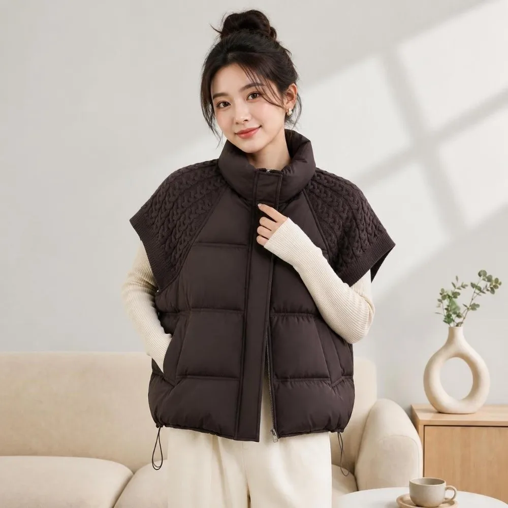 Warm Stitching Design Knitted Vest Loose Fit Warm Lining Stand-up Collar Vest Cotton Vest Layering Outfit
