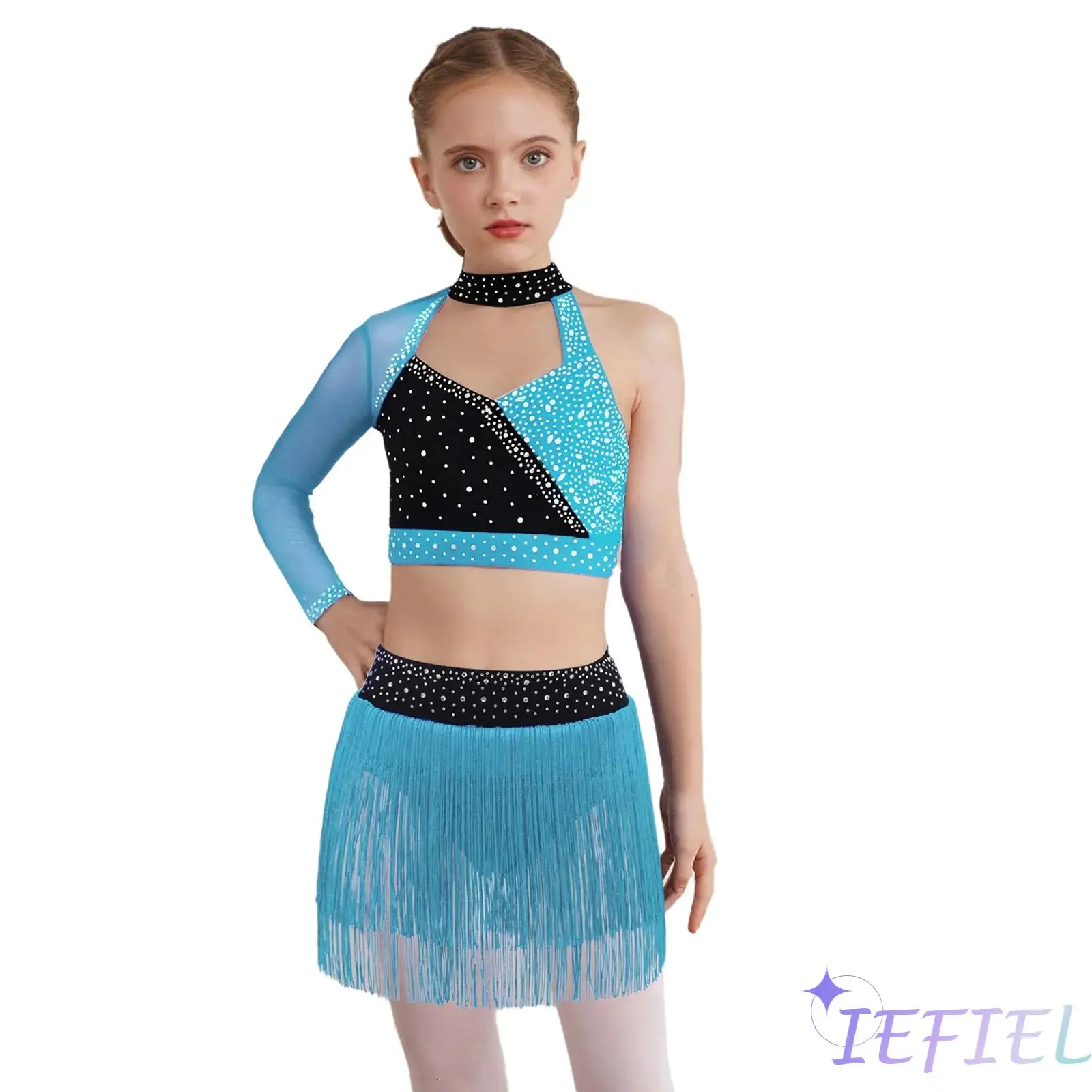 

Kids Girls Jazz Latin Dance Outfit Sheer Mesh Long Sleeve Color Block Crop Top+Tassel Briefs Skirt Set Gymnastics Dancewear