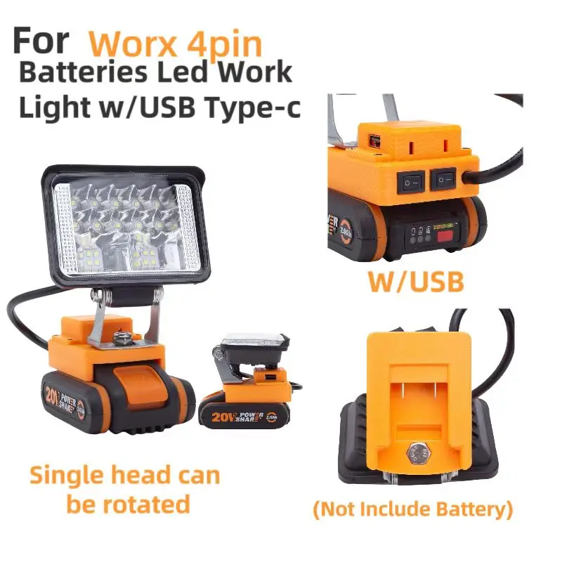 Światło robocze LED Reflektor Przenośna latarnia z USB typu C do Worx 4PIN 20V Latarnia z baterią litową (nie zawiera baterii)