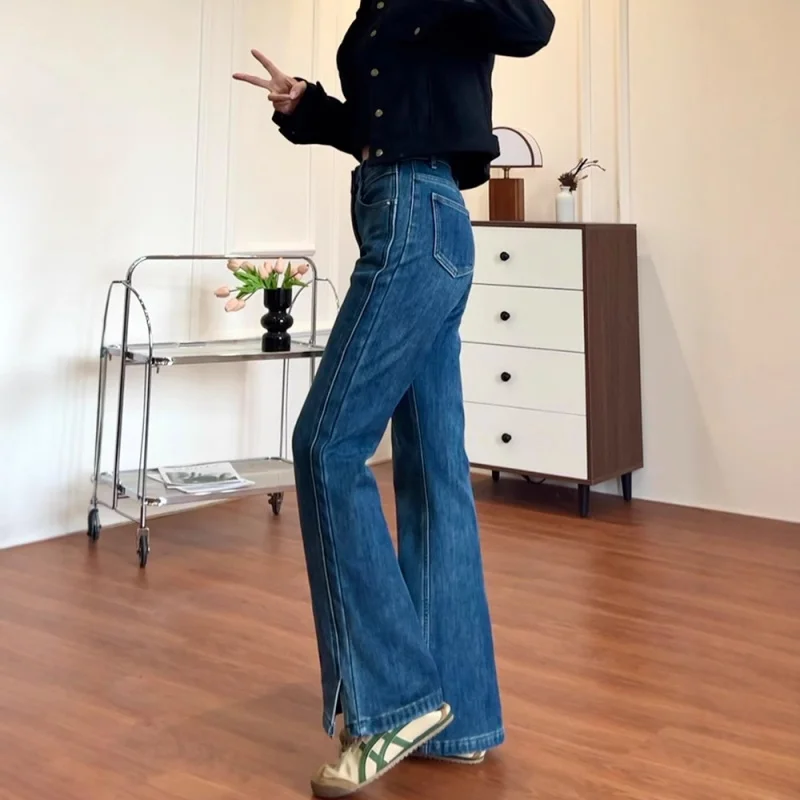 2025 Vrouwen Hoge Taille Uitlopende Jeans Zijsplit Wijde Pijpen Denim Broek Slim Fit Lange Broek Y2K Streetwear Hot