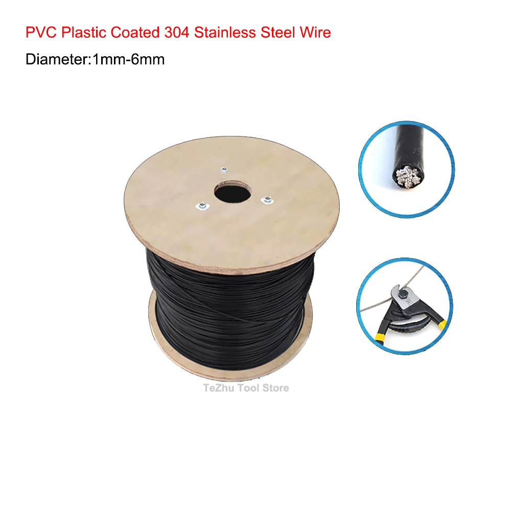 Black PVC Plastic Coated Stainless Steel 304 Wire Rope Cable 1MM-6MM Diameter After Coating Flexible Wire Rope