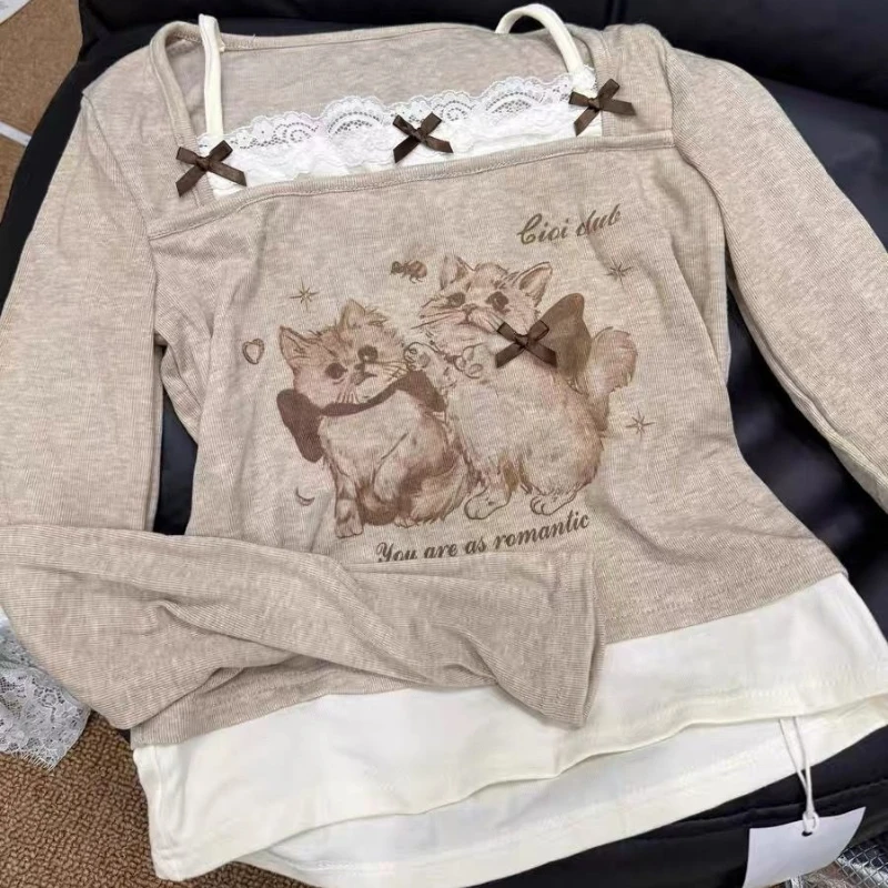 Camisetas Vintage americanas de manga larga para mujer, Top informal con estampado de dibujos animados de gato, Top falso de dos piezas Y2k Retro de retazos con lazo de encaje coreano 2025