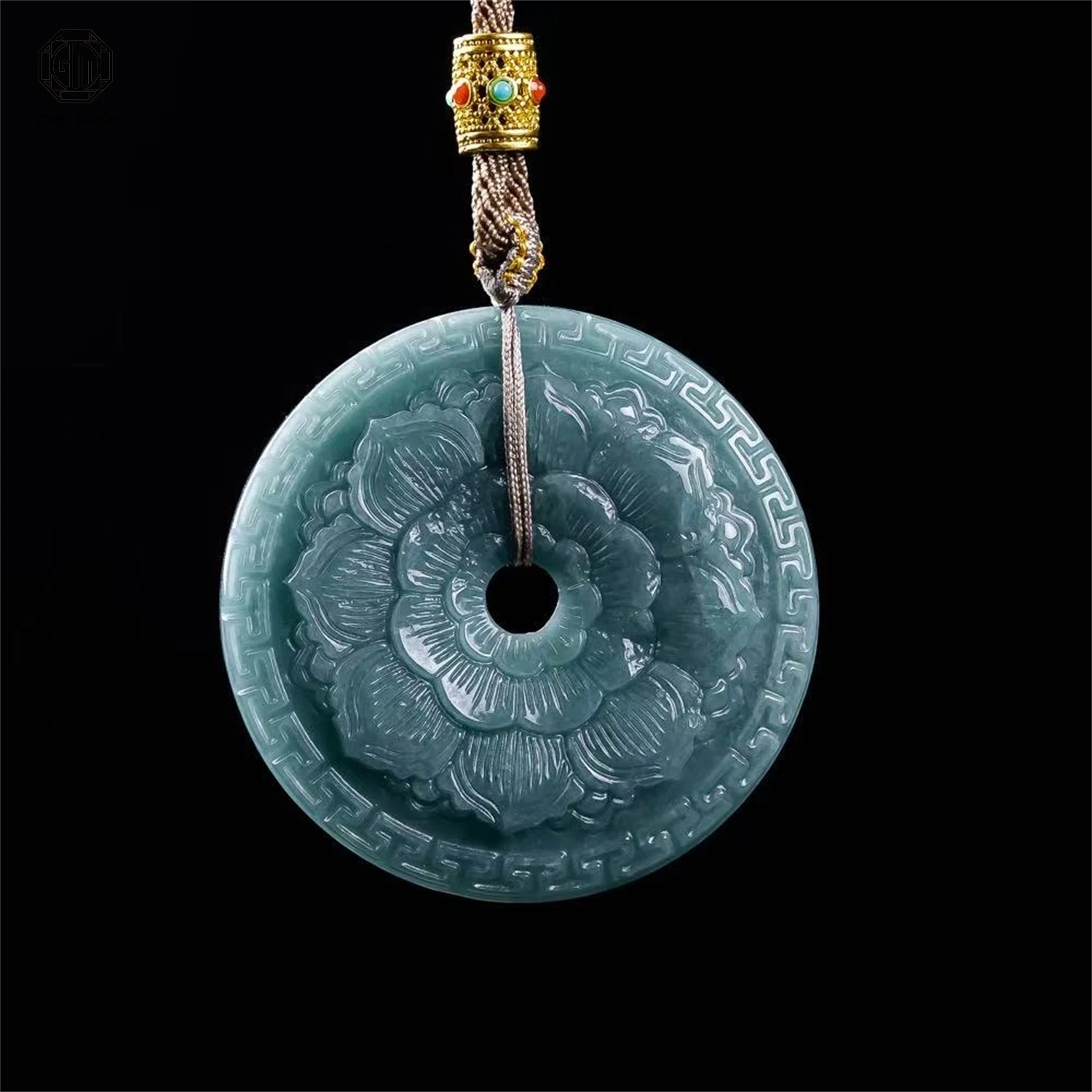Natural Grade A Jadeite Blue Water Double Side Carved Bun Shape Peace Lock Pendant Unisex Party Holiday Classic Jewelry Gift