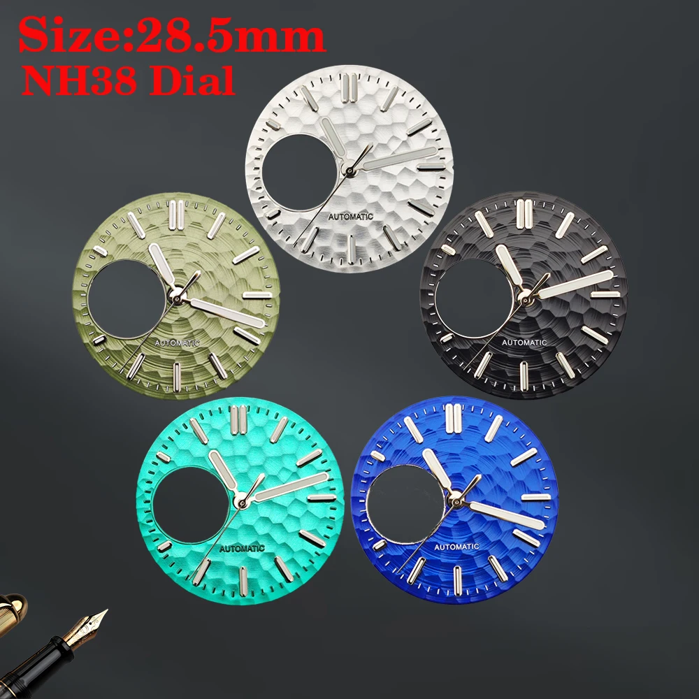 NH38 unmarked dial 28.5mm dial customized logo silver/blue/green geometric pattern dial, suitable for NH38 movement accessories
