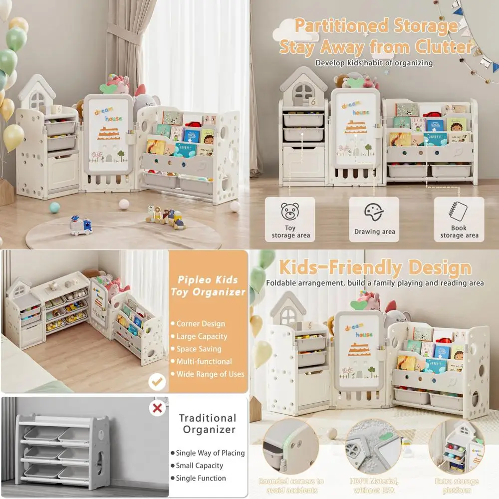 10-bin foldable toy organizer with 3-tier bookshelf for kids' storage