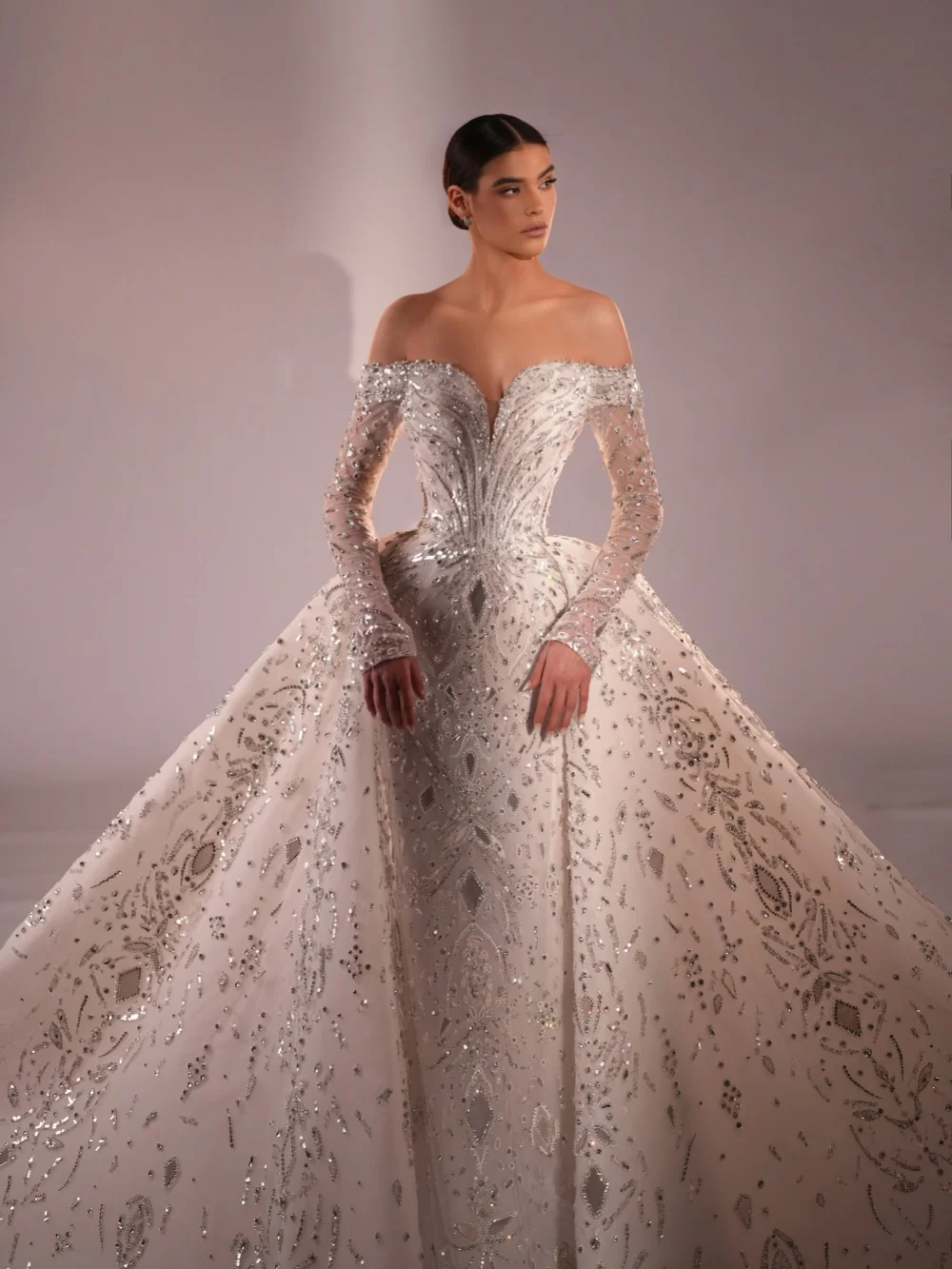 Detachable Train Elegant Wedding Dress Dazzling Beads Crystal Bridal Gown Customized Opulent Off Shoulder Dresses For Bride