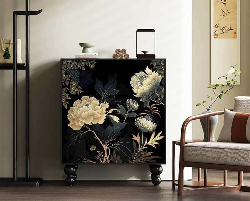 French retro flower solid wood shoe cabinet living room wall storage storage decorative side cabinet