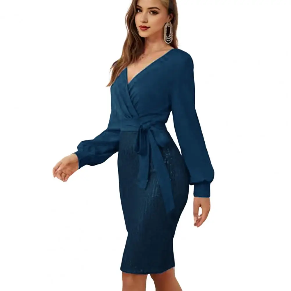 

Long Sleeve Sequin Dress Elegant V Neck Sheath Dress with Sequin Detailing Lace-up Waist for Women for Office Banquet