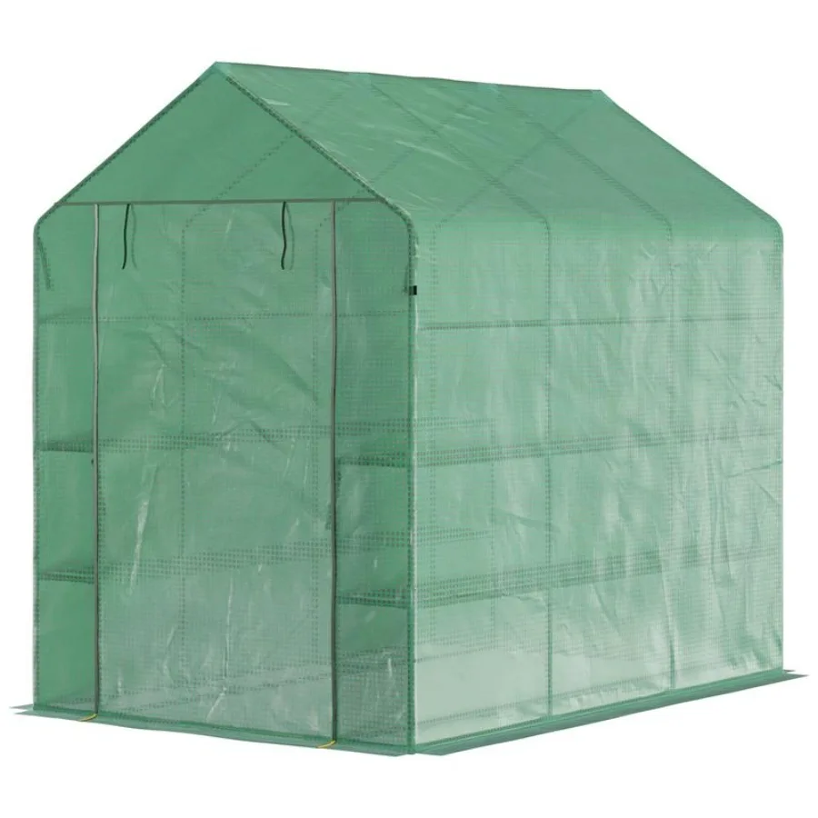 7' x 5' x 6' Walk-in Greenhouse for Outdoors with Mesh Door, 18 Shelf Hot House with Trellis, Plant Labels, UV Protective for Growing Flowers, Herbs, Vegetables, Saplings, Green view 5