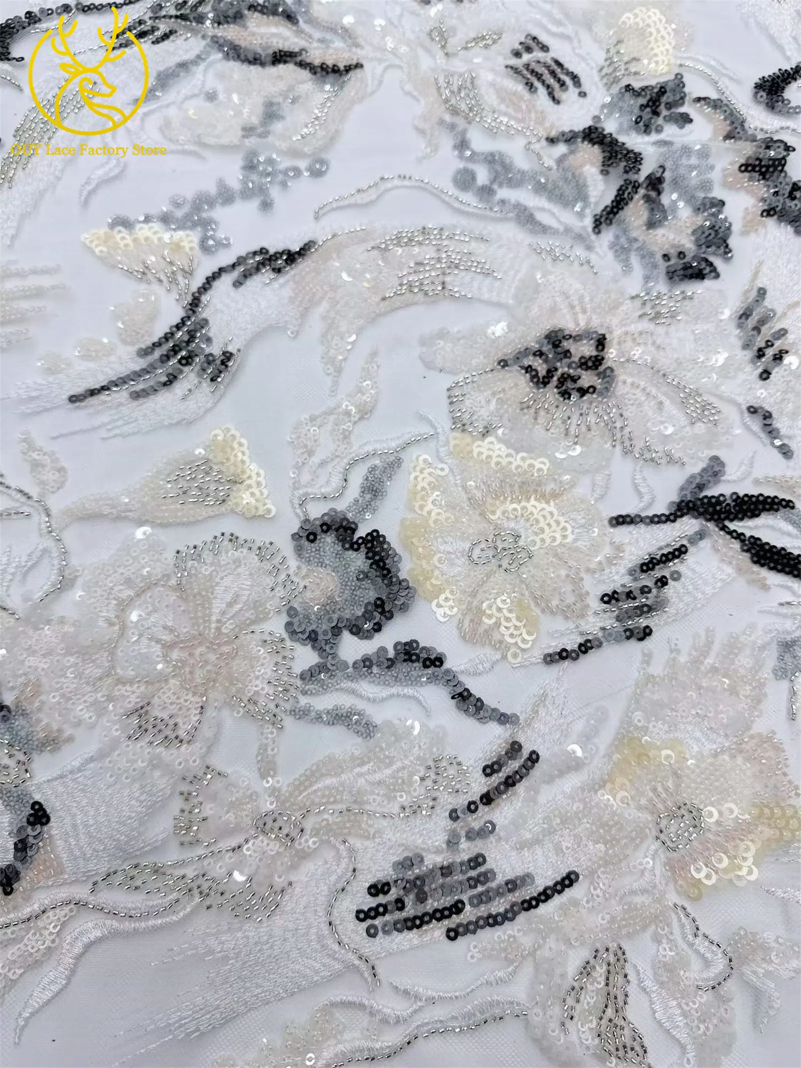 Afrikanischer Stickerei-Tüll-Pailletten-Spitzenstoff, 5 Yards, hochwertiger französischer nigerianischer Perlen-Mesh-Spitzenstoff für Hochzeitsnäharbeiten – Detail 10