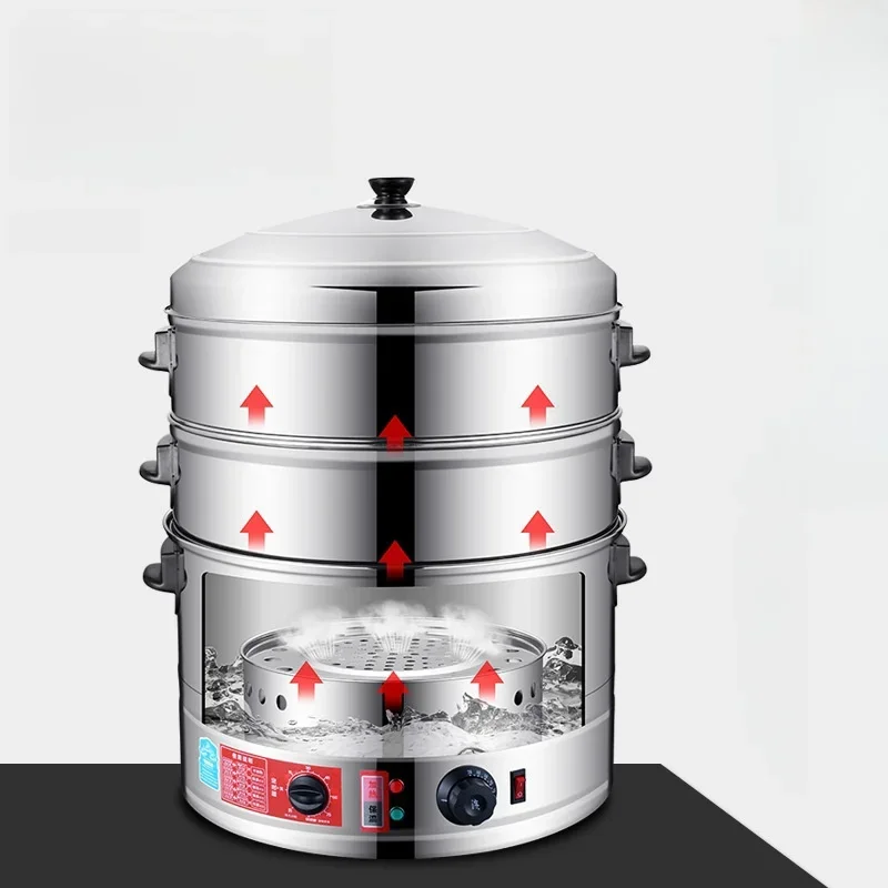 220V Electric Steamer Stainless Steel 35/40/47/52cm Big Capacity Commercial Steamer Pot 3/4 Layers Electric Food Steamer Timing