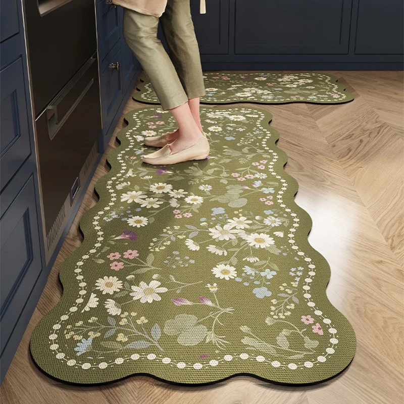

Kitchen Floor Mat Waterproof Oil-proof Non-slip Rug Retro Green Floral Pattern Carpet Long Strip Home Decoration Foot Mats 양탄자