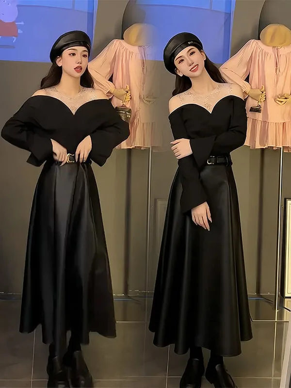 

Sexy Pure Desire Sle Women's Spring 2026 PU Leather f Skirt oulder Bared Top And Skirt Two-Piece Set Casual Faion