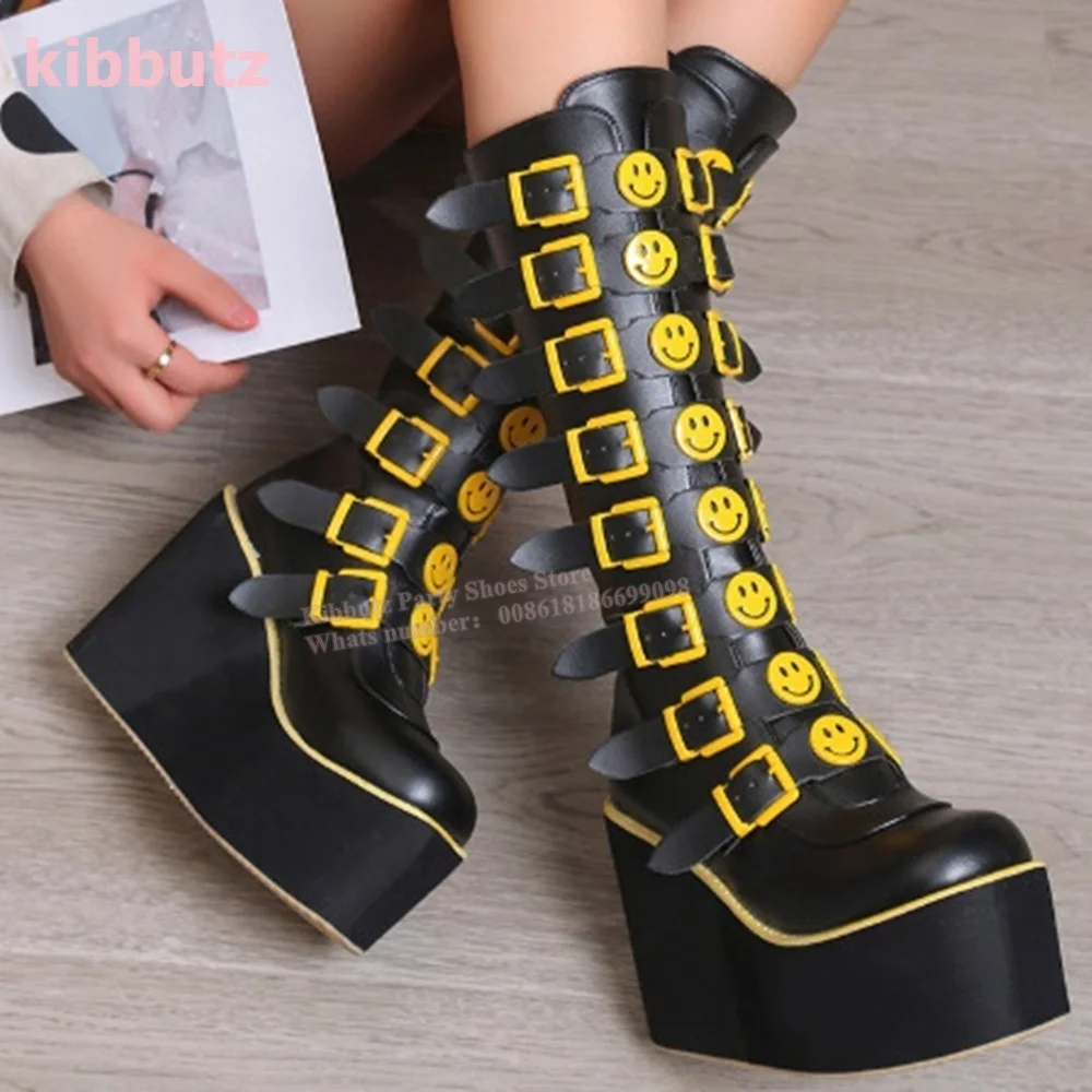 

Punk Boots Knee High Metal Buckle Straps Platform Round Toe Wedges Genuine Leather Solid Black Fashion Sexy Women Shoes Newest