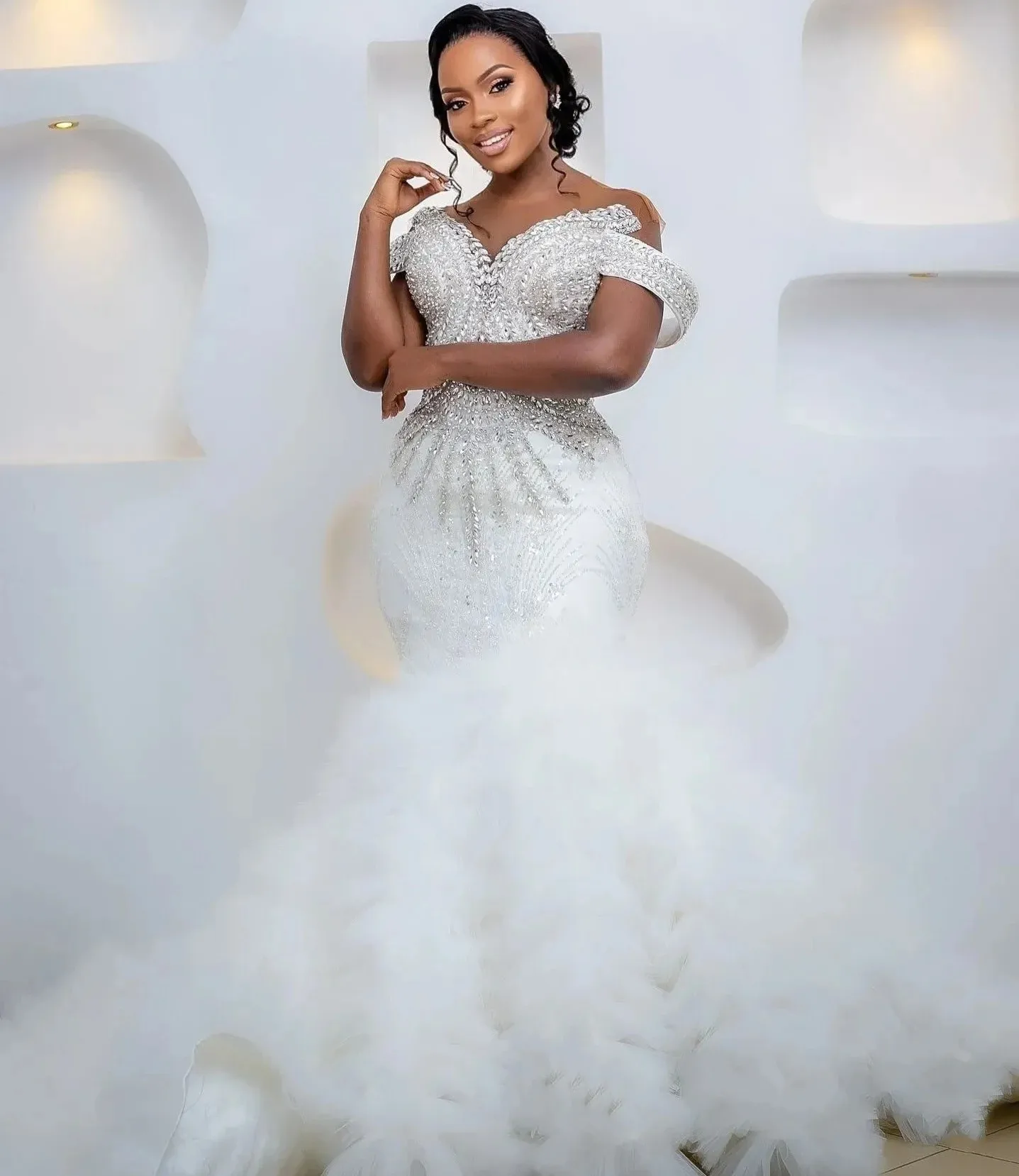 فستان زفاف حورية البحر فاخر 2026 رقبة شفافة مرصع بأحجار الراين ترتر طبقات كشكشة تول فستان زفاف العروس العربية Aso Ebi Vestidos #2