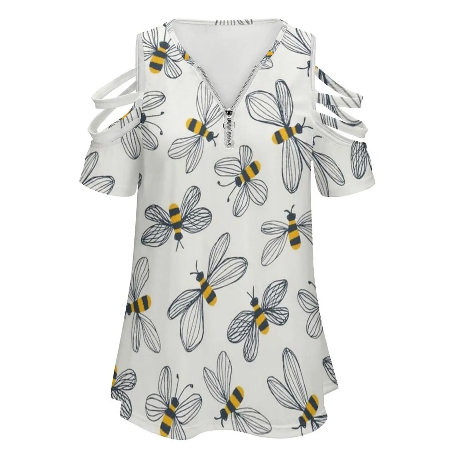 Little Bees Cute Flying Pattern Women Zipper Various styles Printed T Shirts Tops Full Print T-Shirt Bees Bumblebees Cute