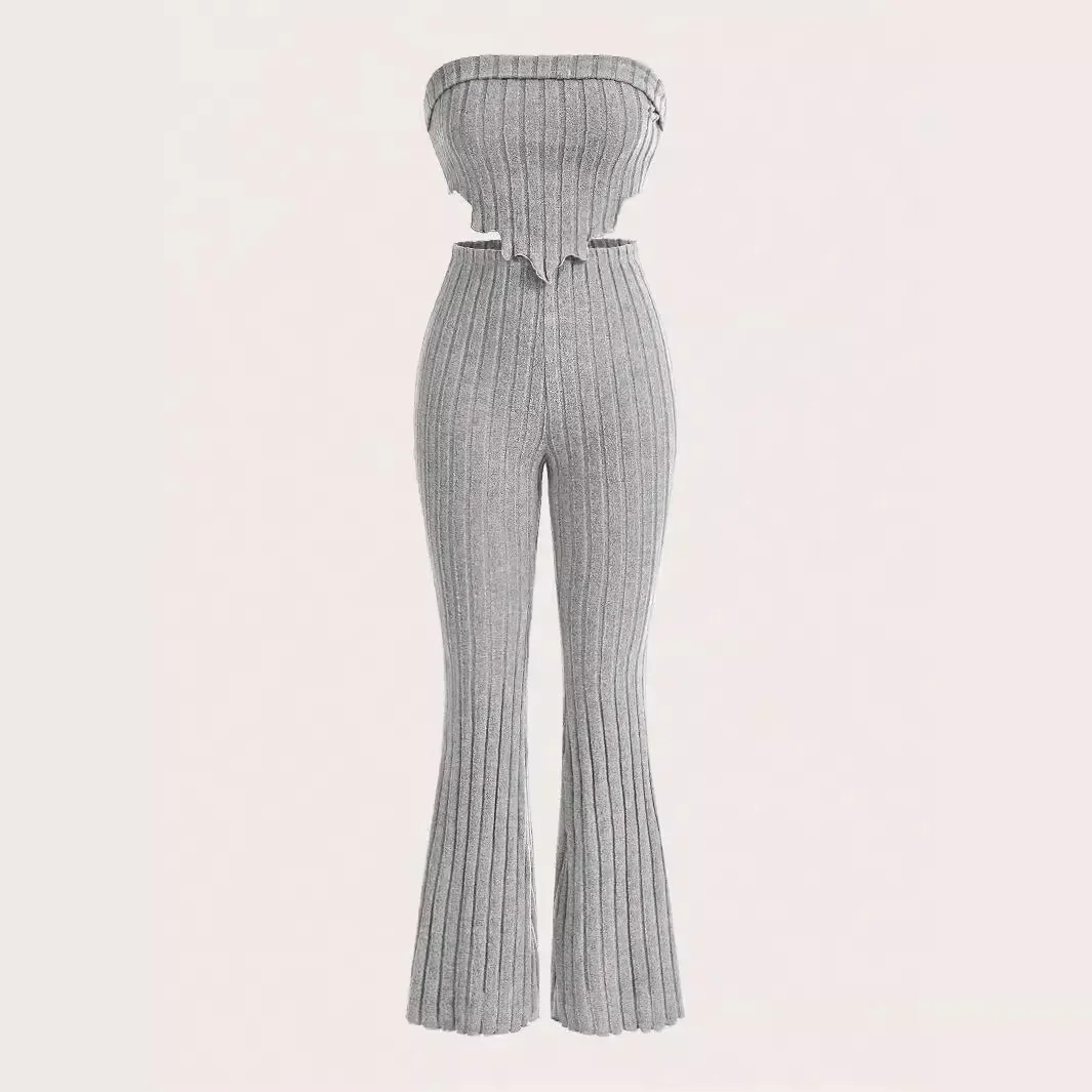 Autumn 2024 New European and American Striped Rib Wrap Chest Horn Trousers Two-Piece Pit Casual suit Commuter suit