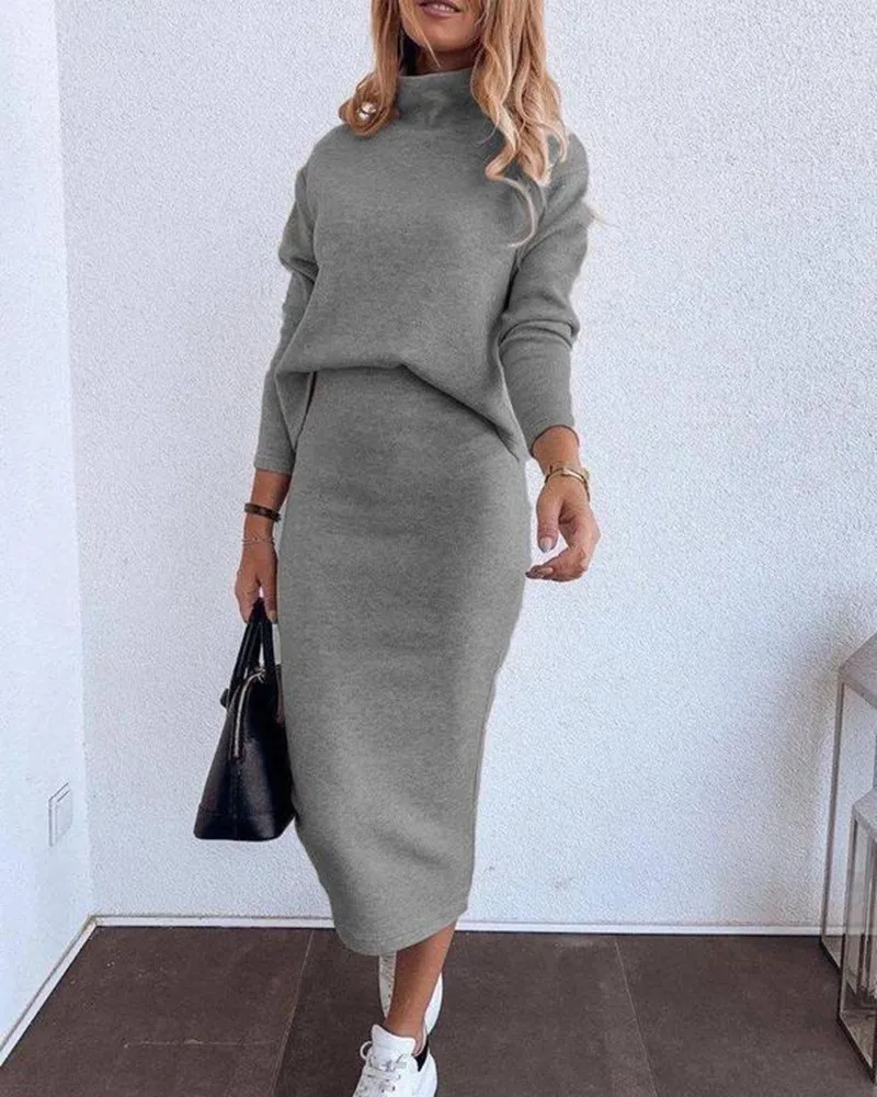 Autumn Winter Elegant Turtleneck T Shirt With Skirt Two Piece Sets For Women Fashion Long Sleeve Print T Shirts+pencil Dress Set