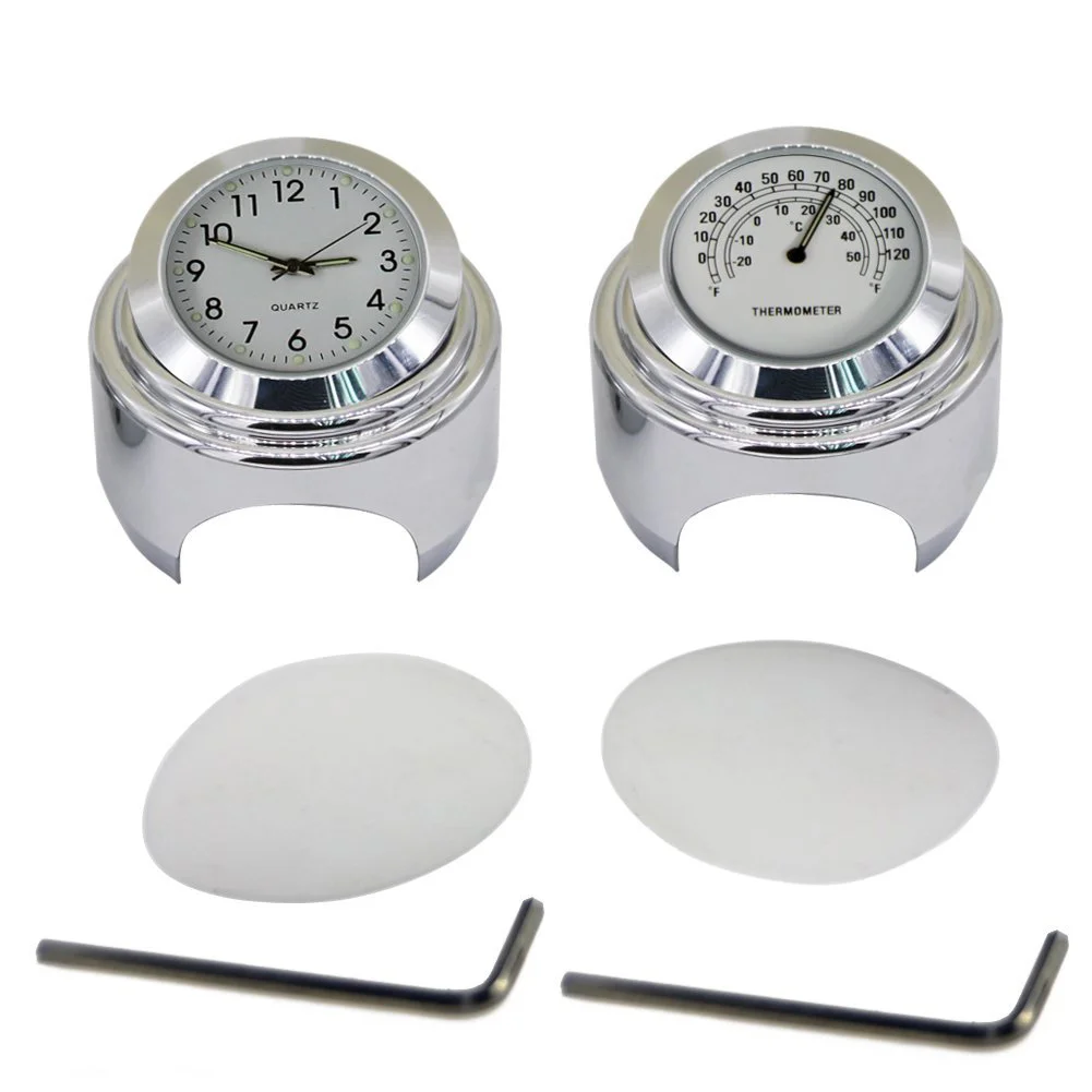 

2 Pcs/set Motorcycle Clock and Handlebar White Dial Black Handlebars Thermometer