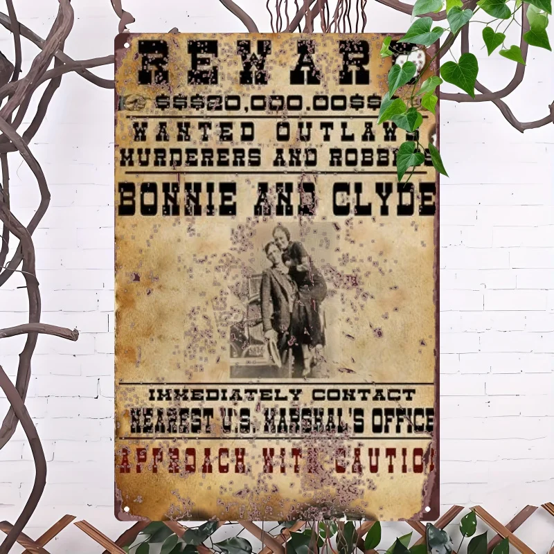 1 قطعة ملصق بوني آند كلايد العتيق - عصر الاكتئاب الرجعية تكساس الخارجين عن القانون ديكور حائط معدني، ألومنيوم شديد التحمل