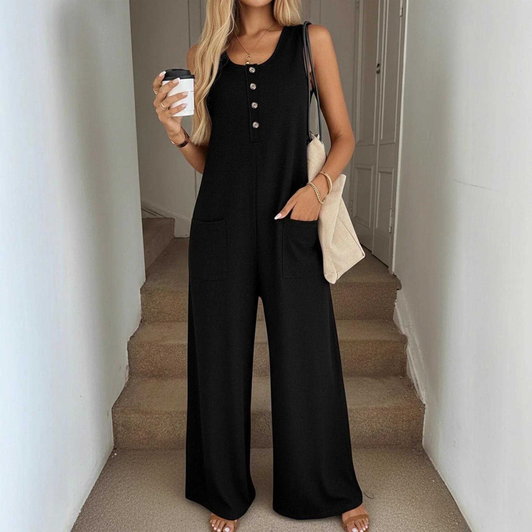 Women's Solid Color Sleeveless Jumpsuit With Round Neck And Button Front High Waist Wide Leg Casual Elegant Fashion Long Romper