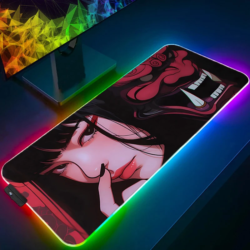 Kawaii Muismat Anime Schattig Meisje Gabinete Gamer RGB Computer Duivel Oni Masker Bureaumat LED Toetsenbord Gaming Accessoires Muismat