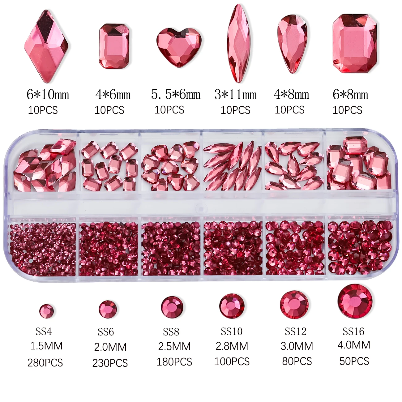 12Grid Rose red Mixed Nail Rhinestones 3D Shining Heart/Water Drop/Round/Square Diamond Nail Charm SS4-SS16 Nail Crystal Gem Dec