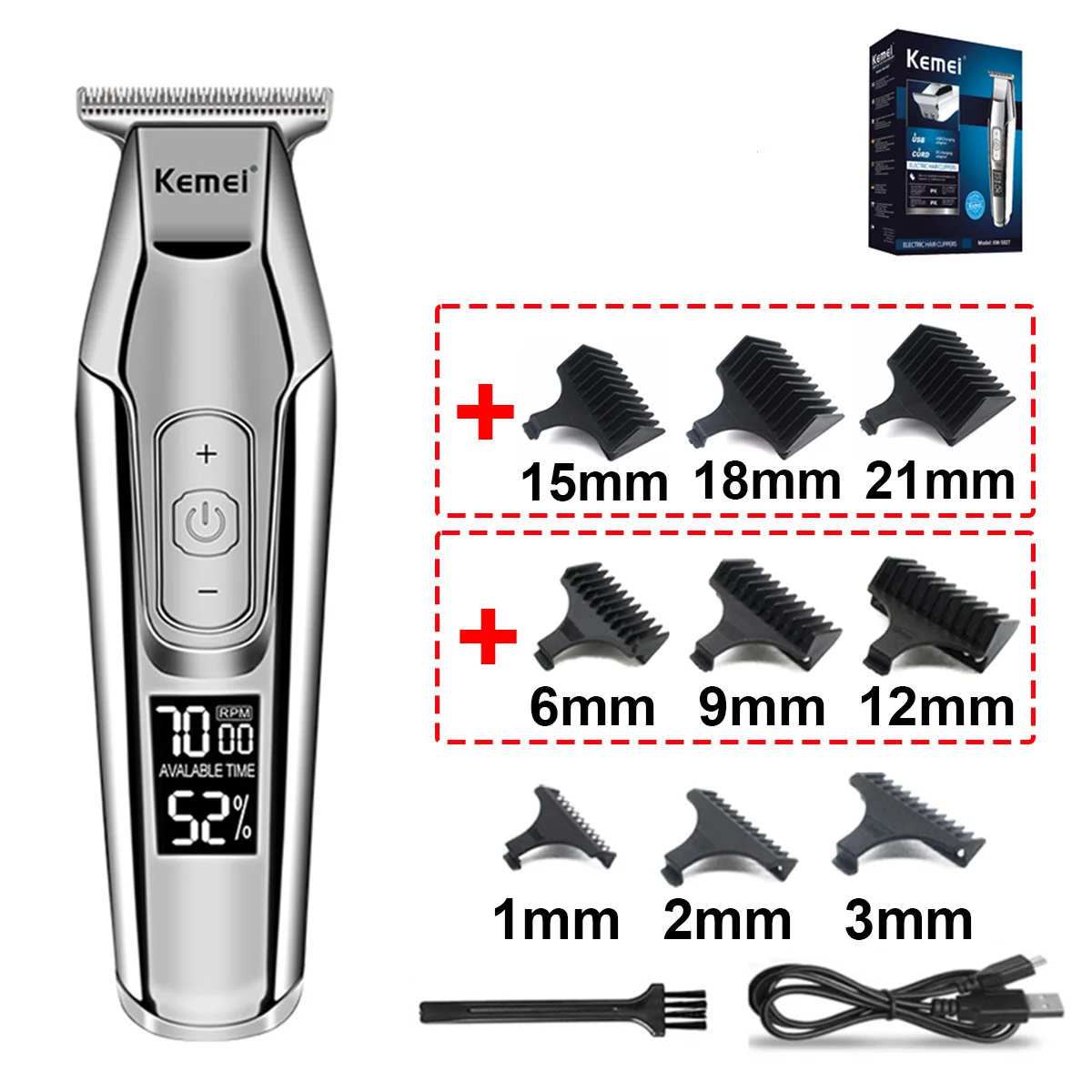Kemei KM-5027 Professioneller Haarschneider für Männer, LCD-Display, Haarschneidemaschine, 0 mm, kabellose Haarschneidemaschine, USB-Aufladung