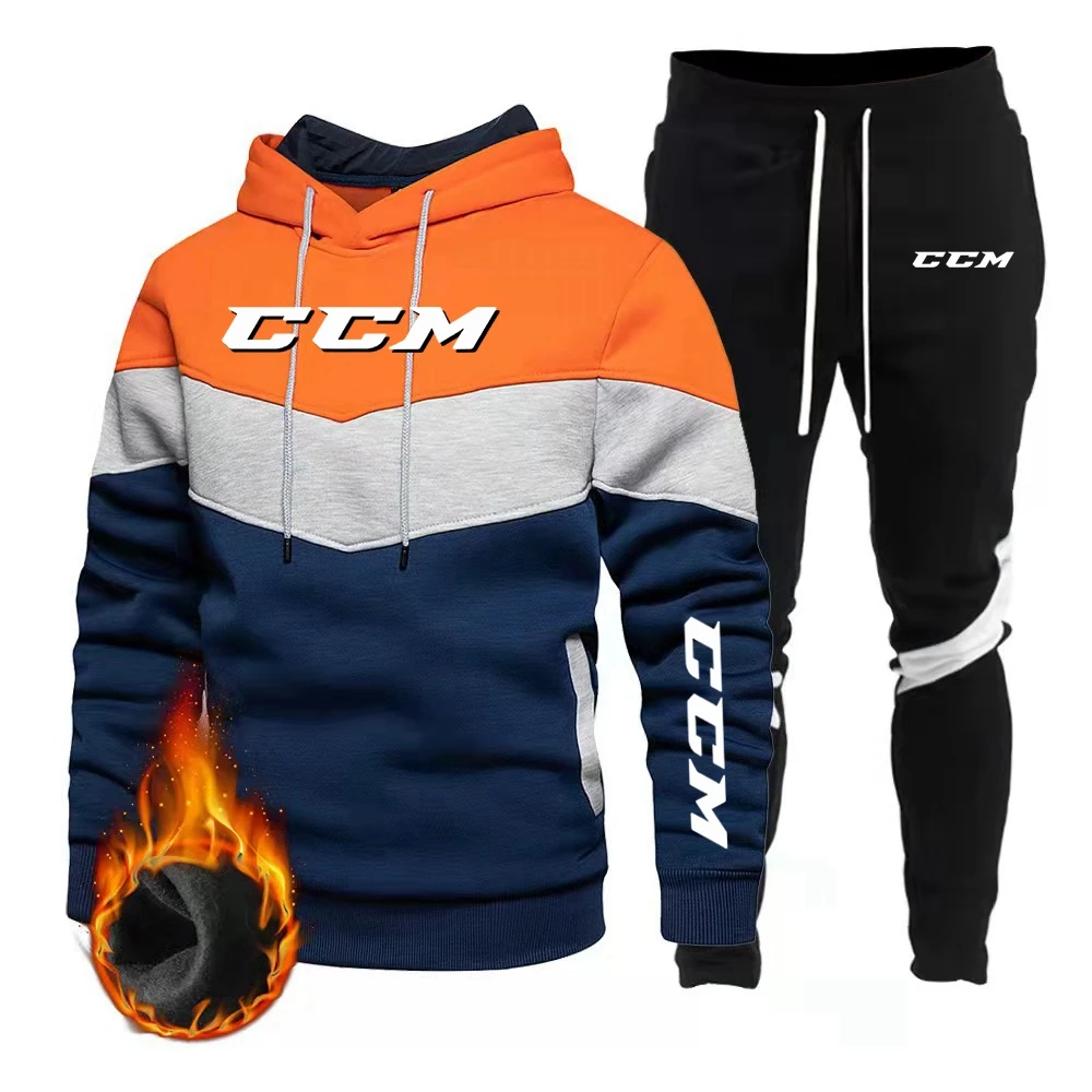 Conjunto de moletom com capuz masculino com velo, calça sanitária grossa e quente de 3 cores, moda primavera e outono, CCM