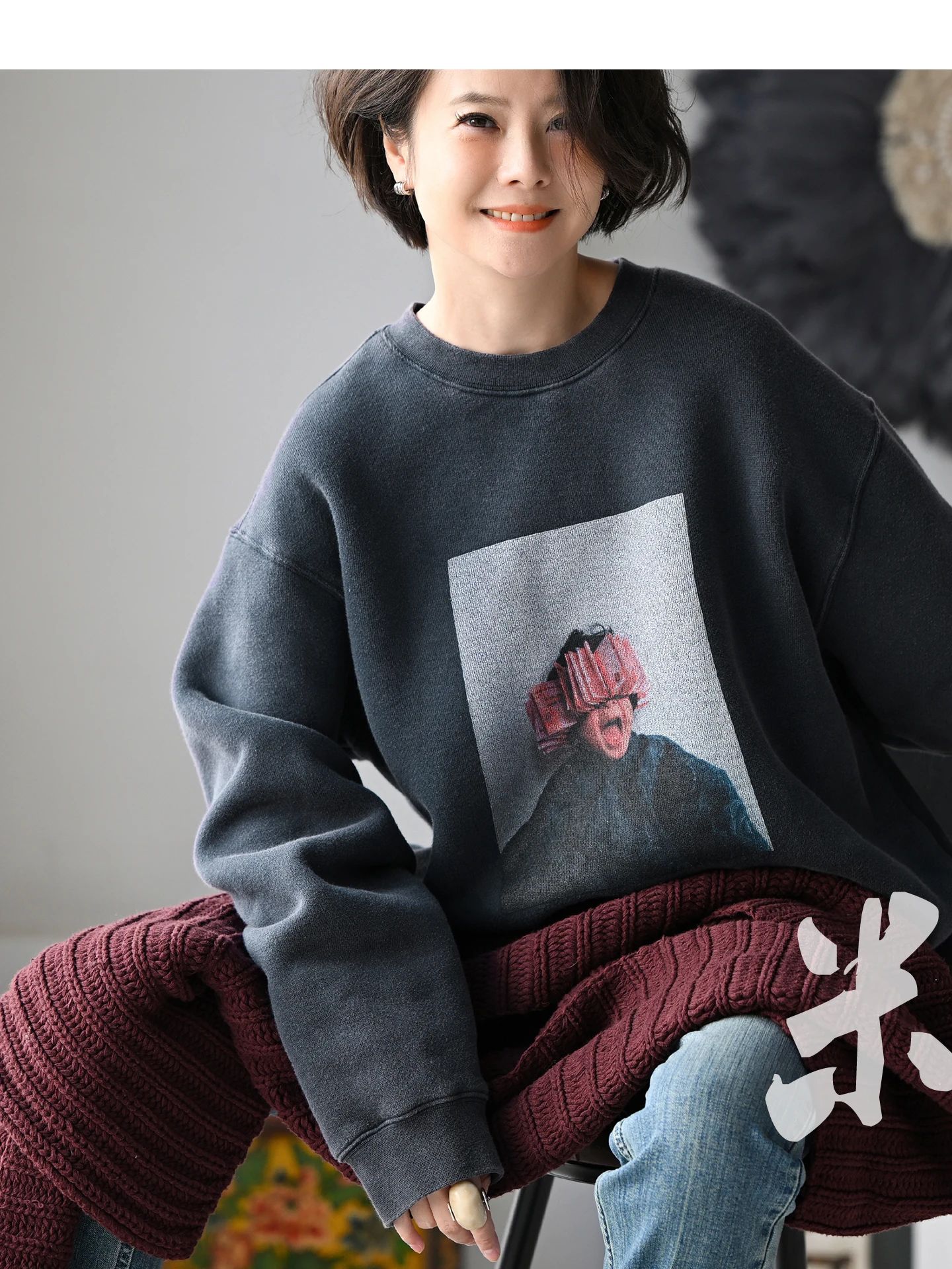 

Korean Sle Casual Heavy Du Waed Loose Fce Thiened Printed round Ne Sweatirt Women Winter Warm Cotton Long Sve