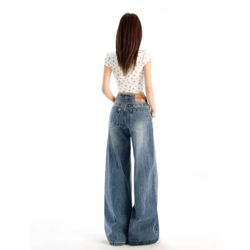 American Retro Rivet High Waisted Wide Leg Jeans Women Autumn Winter New Design Relaxed  Loose Straight Leg Pants