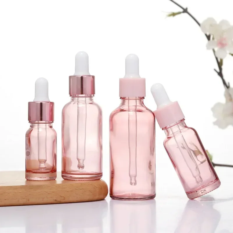 Flaconi contagocce riutilizzabili 5-100ML coperchio rosa contenitore cosmetico liquido per aromaterapia in vetro rosa per pipetta di olio essenziale