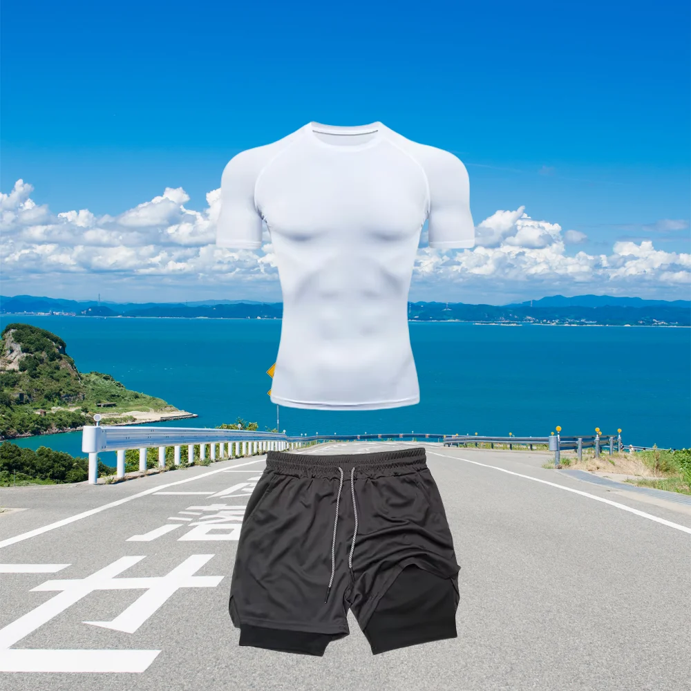 

New Men's Compression Tight Suit Quick-drying Short-Sleeved Double-Layer Shorts Sports Fitness Suit Casual Summer