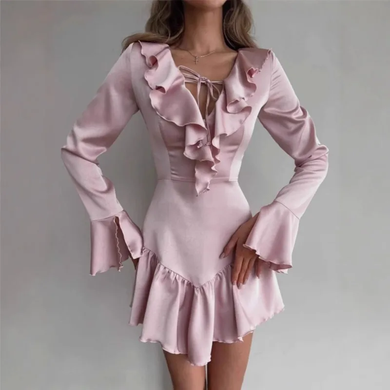 Elegant Satin Ruffle Trimmed Mini Dresses Women's 2025 New Chic Design Ruffled Neckline＆Flared Cuffs Lady Sweet＆Stylish Outfits