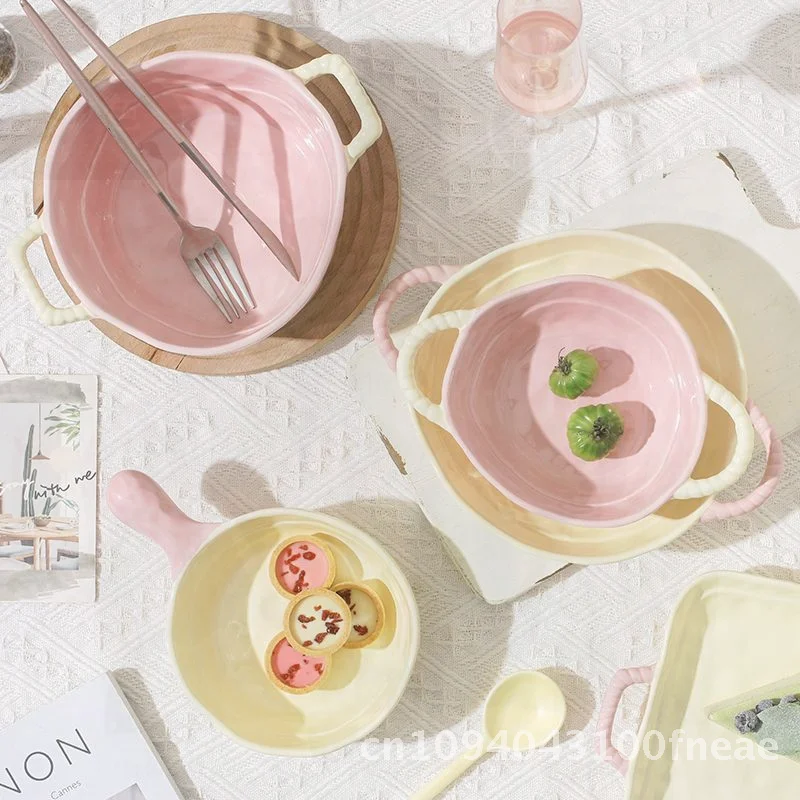 وعاء سيراميك متطابق الألوان مع مقبض - وعاء زبادي فواكه مستدير على الطراز الشمالي عالي الجودة آمن للاستخدام في الميكروويف