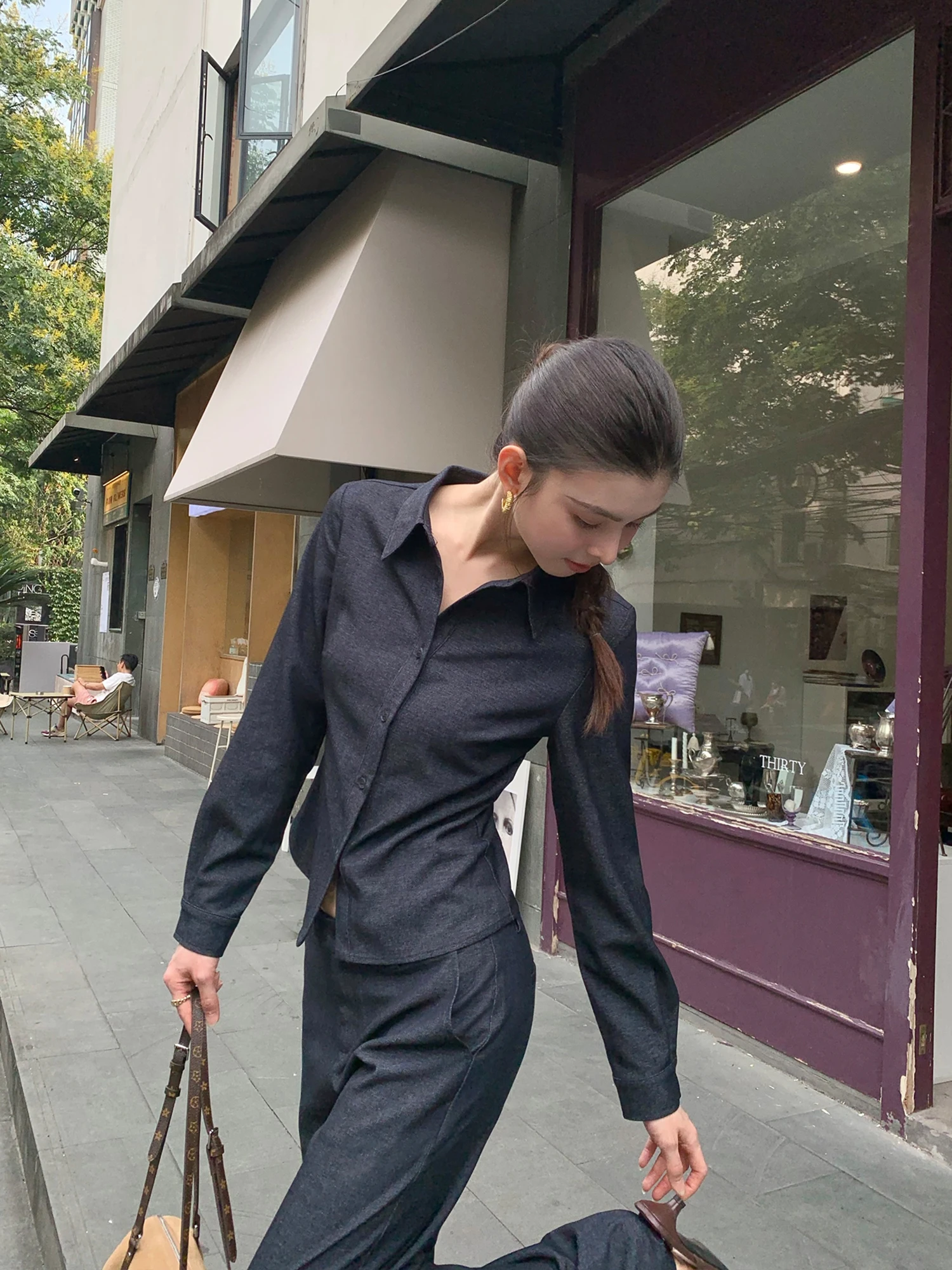 

Pusumede Casual Denim Look ort irt Long Sve Женские свободные брюки для отдыха с отложным воротником Комплект из двух предметов Faionable Aut...