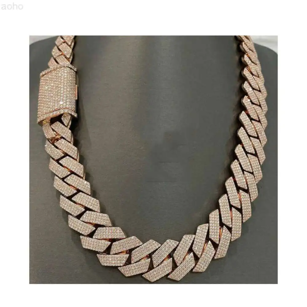 

20mm Miami Cuban Link Chain Vvs Moissanite Diamond Stubbed 925 Sterling Silver Rose Gold Plated 18-24