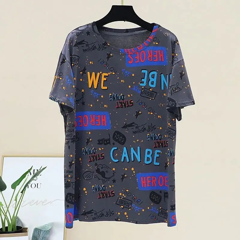 Summer New Thin Letter Printing T Shirts Short Sleeve O-Neck Loose Trend Plus Size Tops Tees Casual Fashion Women Clothing