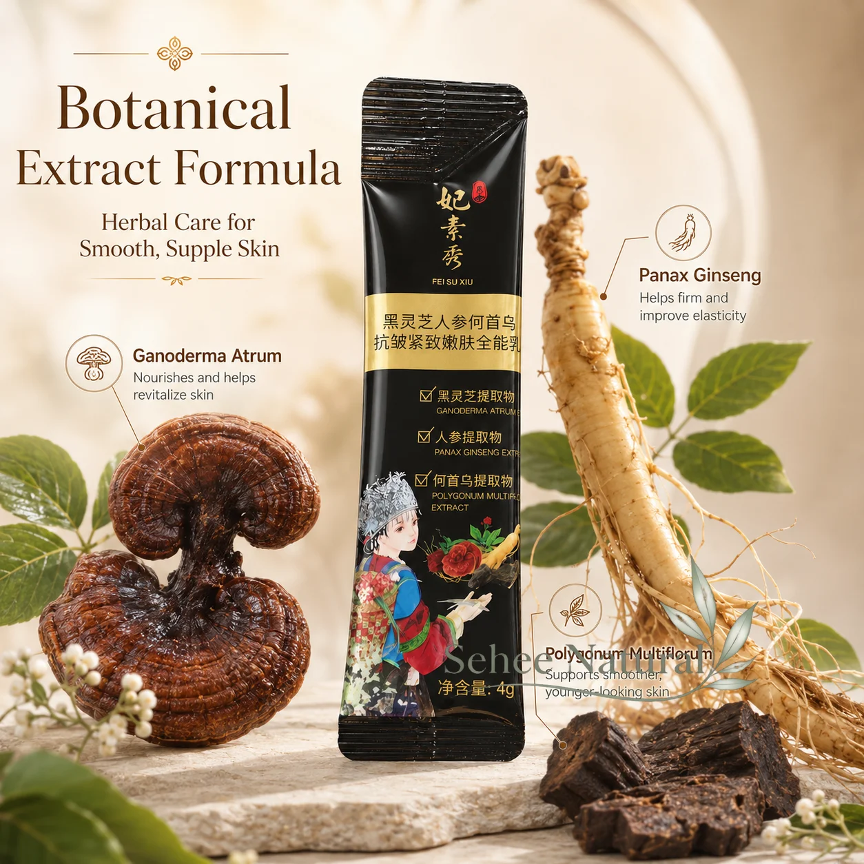 Black Ganoderma Ginseng Herbal Firming Face Cream Moisturizing Skin Care Lotion Anti Aging Nourishing Repair Facial Essence 4g