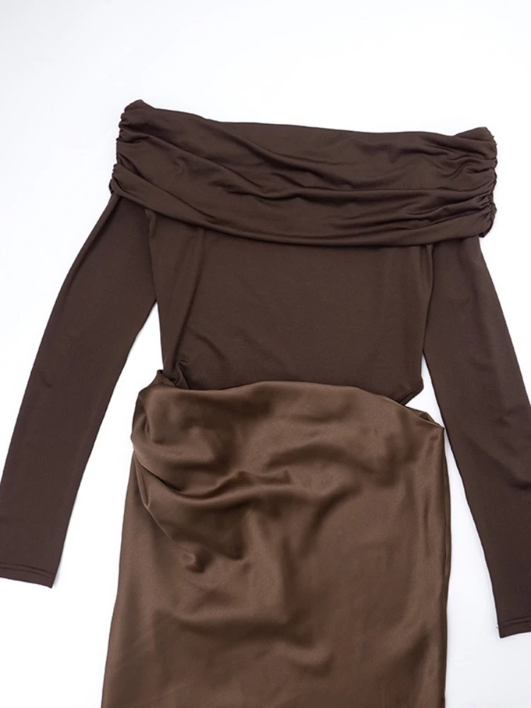 SsTss Vestido largo de manga larga con hombros descubiertos para mujer, elegante vestido con cuello oblicuo recortado, ajustado, de satén, con retazos, para fiesta de medianoche, 2025