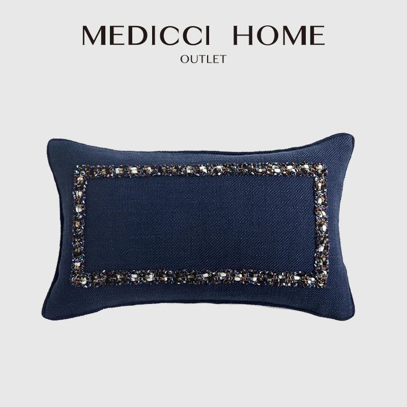 Medicci Home Luxury Beaded Cushion Cover Regal Metallic Pillow Navy Blue Lumbar Pillowcase With Gorgeous Sequin And Beads Detail