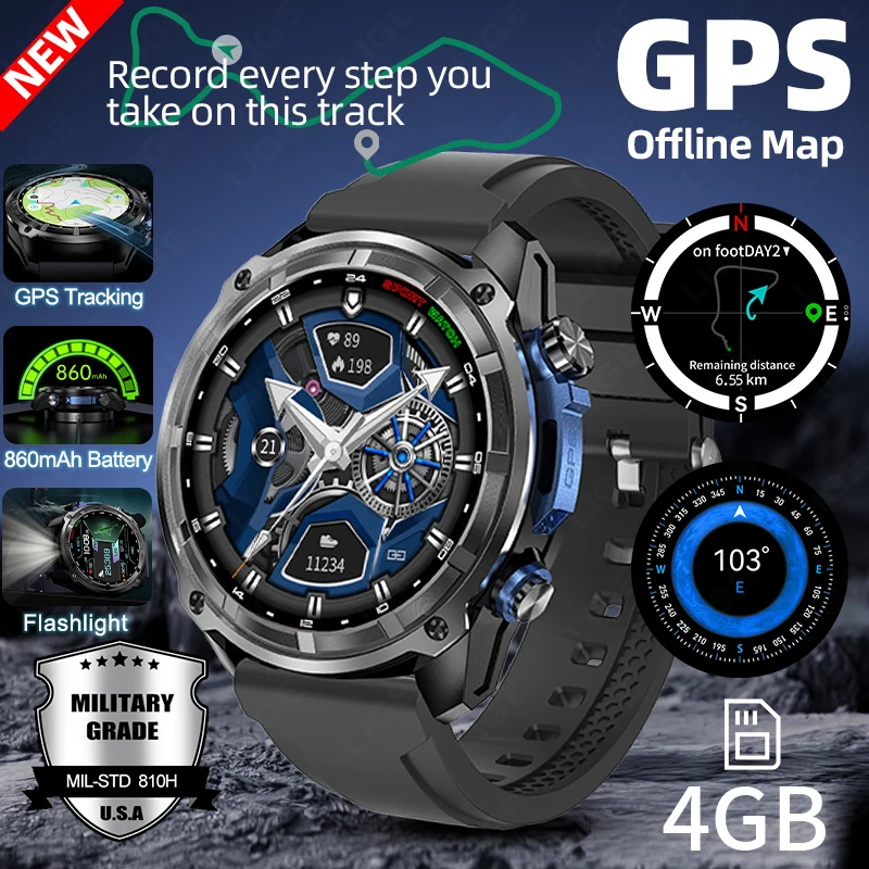 

LIGE новые GPS умные часы с автономными картами 4 ГБ памяти видеоплеер 860 мАч военные спортивные умные часы мужские водонепроницаемые умные часы для плавания