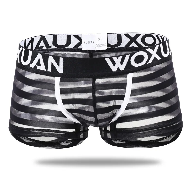 Men's Horizontal Striped Boxer Briefs Ultra-Thin Seamless Mesh Transparent Breathable Underwear Sexy Boxers