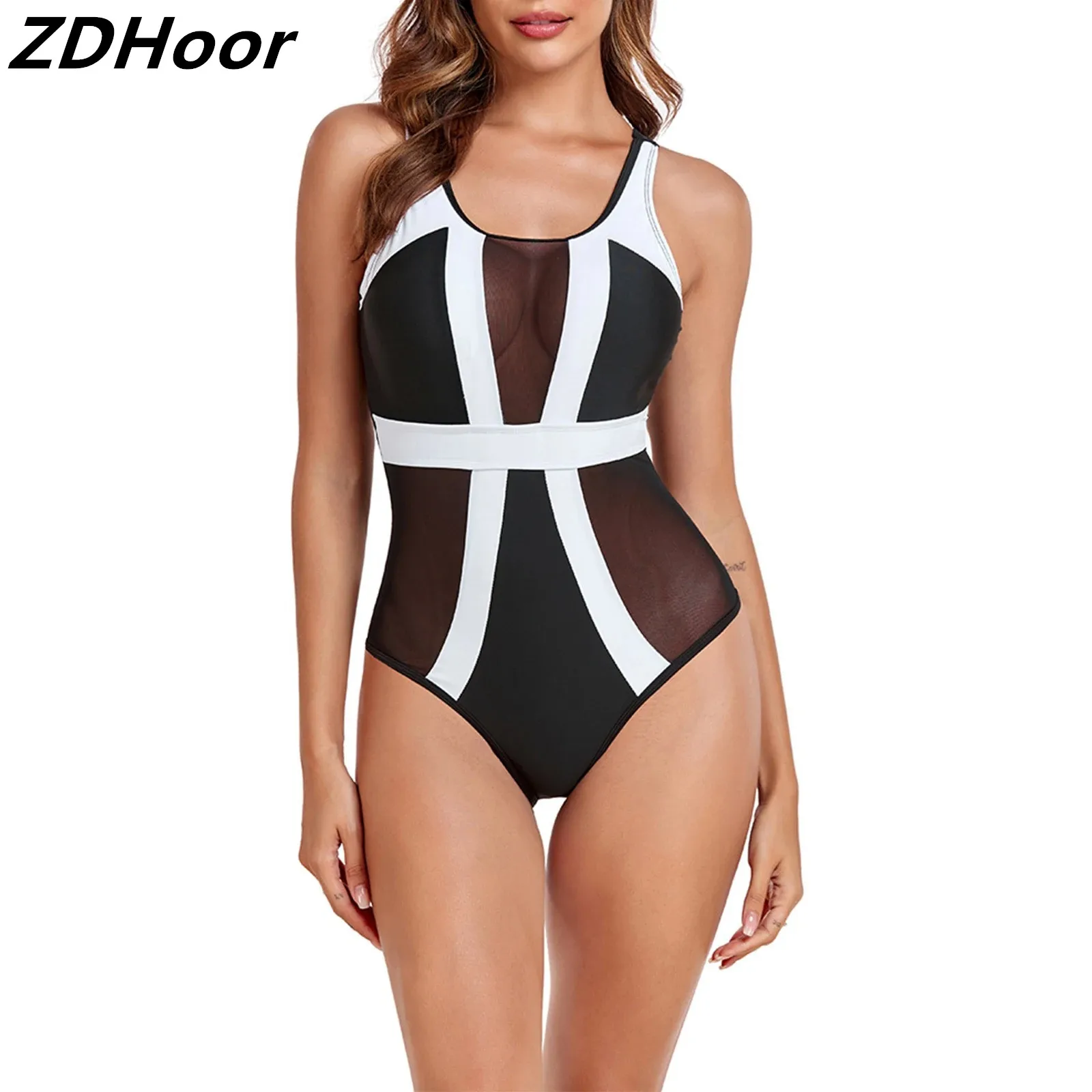 Women One-piece Sexy Swimsuit Low Cut Sleeveless See Through Mesh Patchwork Leotard Swimwear Pool Party Beachwear Bathing Suit