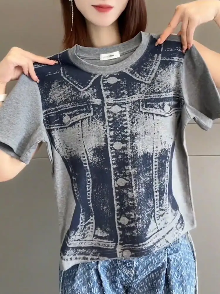 

2025 Summer New Tops Short Sleeve Print Y2k Vintage Punk Tees Harajuku Slim Streetwear T Shirts Gothic America Women's Clothing