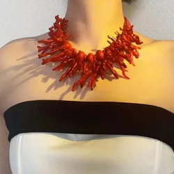 New Trending Acrylic Red Coral Choker Necklace for Women Bohemian Irregular Beads Geometric Double Layered Necklaces Jewelry